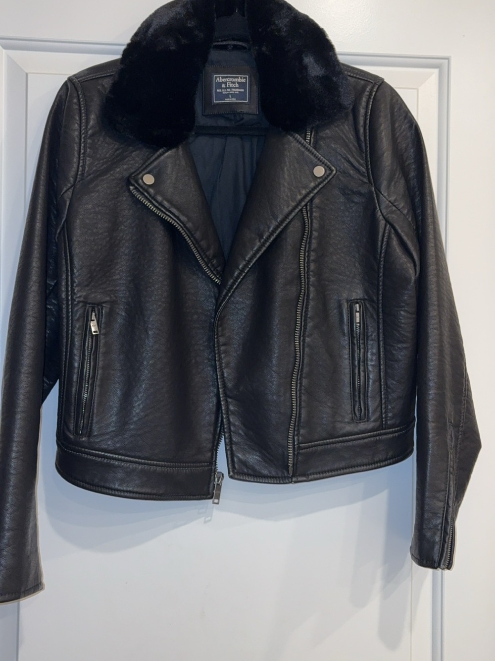 Abercrombie & Fitch Black Faux Leather Biker Jacket with Plush Collar